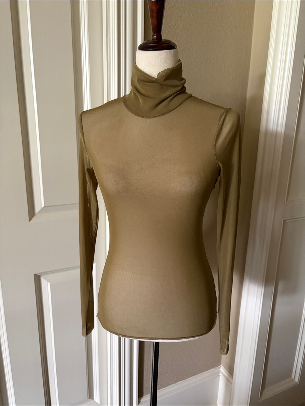 Nordstrom Open Edit Classic Sheer Mesh Long-Sleeve Turtleneck Top Olive M